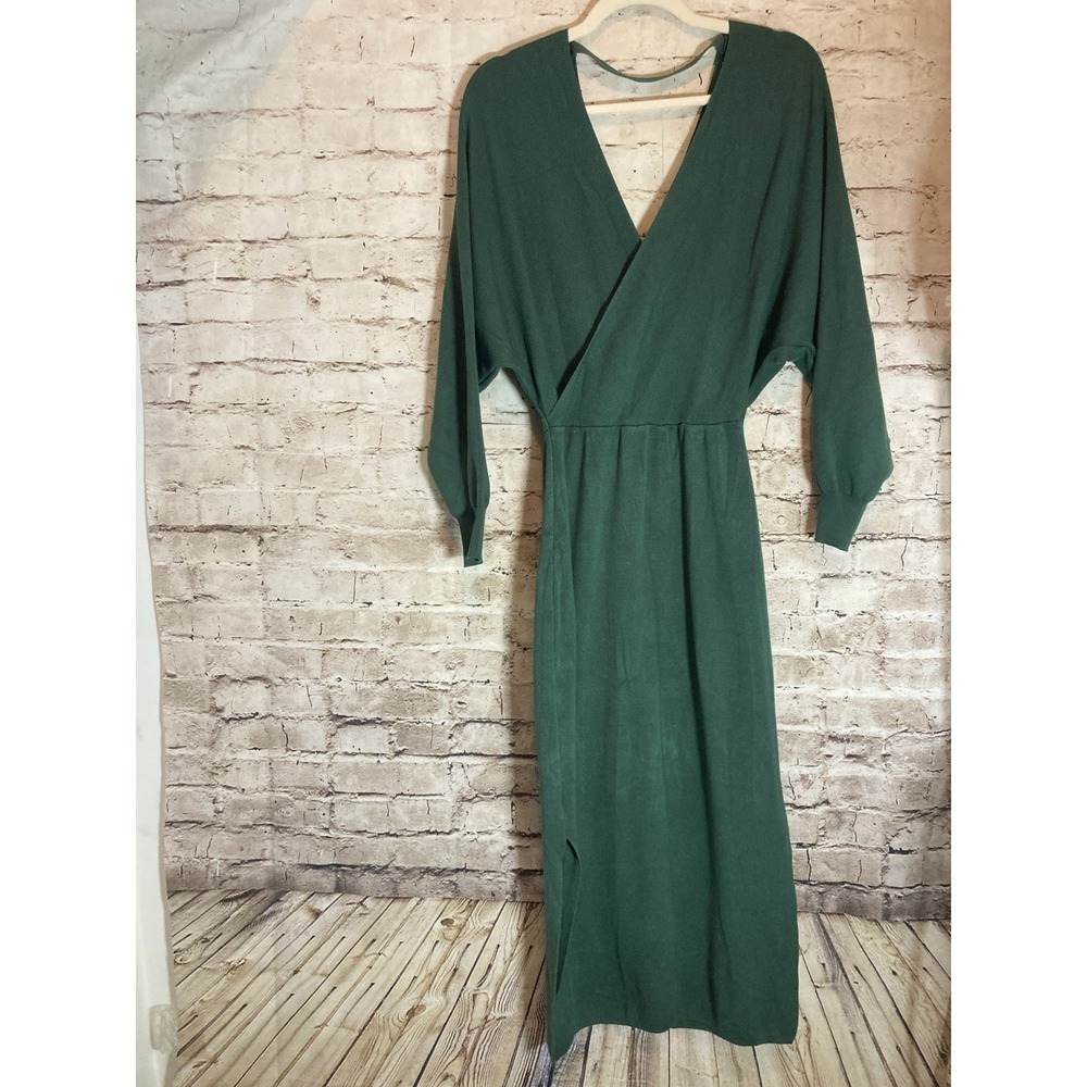 Forest Green Rib Knit Sweater Dress Medium Surplice Side Slits Deep V Neck